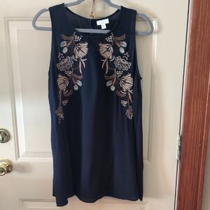 J Jill Navy Sleeveless Crinkle Top with Floral Embroidery